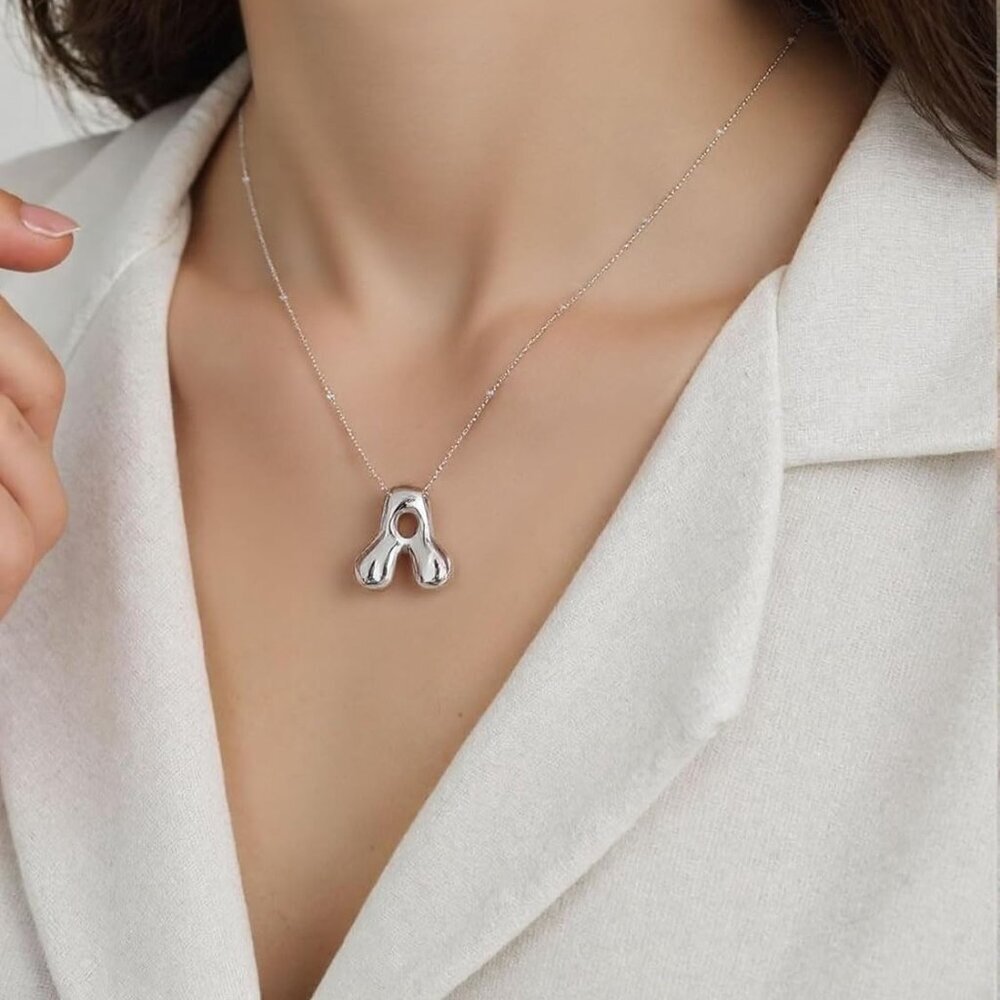14k Gold Plated Bubble Letter Necklace 3d Initial Pendant With Beaded Chain Pers View 2